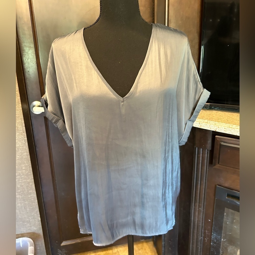 By Together top. Soft, silky, gray. Shortsleeve. Size S. V neck.